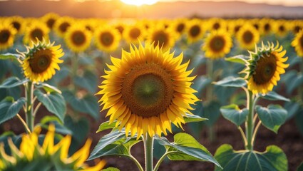 Obraz premium Vibrant sunflower in a farmland scene basking in golden sunlight