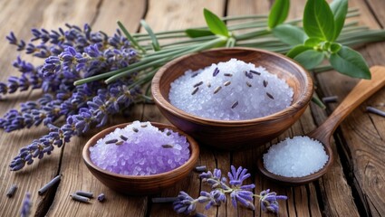Elegant spa scene featuring a wooden surface with lavender bath salts and a spoon