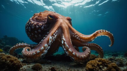 Close up view of an Octopus with its tentacles extended underwater