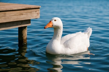 Obraz premium A snowy goose gliding across the water near the dock