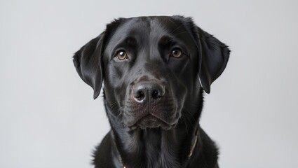 Fototapeta premium Studio photograph of a charming black and gold Labrador Retriever dog on a white backdrop.