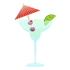 Margarita cocktail in a glass with lime wedge, cherries, and red umbrella