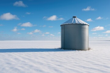 Obraz premium Stunning scenery featuring a silo and a snowy field under a clear blue sky