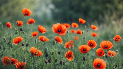 Fototapeta premium Vivid scarlet poppies blooming naturally in the wilderness