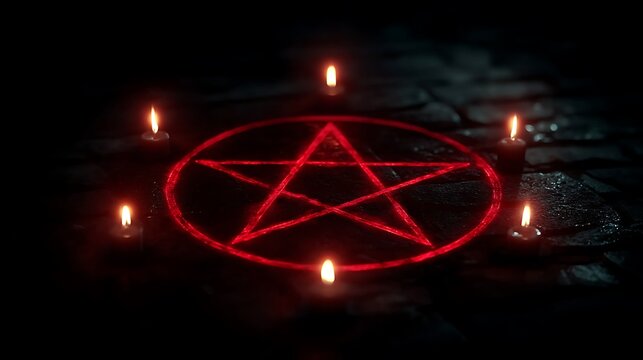 A glowing red pentagram surrounded by lit candles creating a mystical atmosphere on a dark surface.