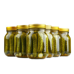 Six jars of pickles with golden lids, showcasing fresh cucumbers in brine, perfect for snacks or sandwiches on transparent background