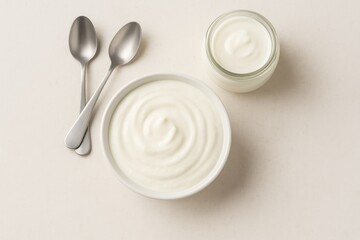 Top-down view of a bowl filled with yogurt alongside spoons and a jar on a bright surface