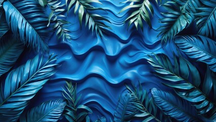 Abstract Blue Design Featuring Tropical Leaf Patterns for Vacation and Beach Themes