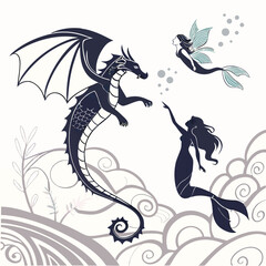 A dragon interacting with two mermaids in a whimsical scene with clouds and stylized vegetation design