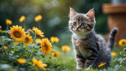Adorable feline exploring the outdoors during summer amidst natural scenery
