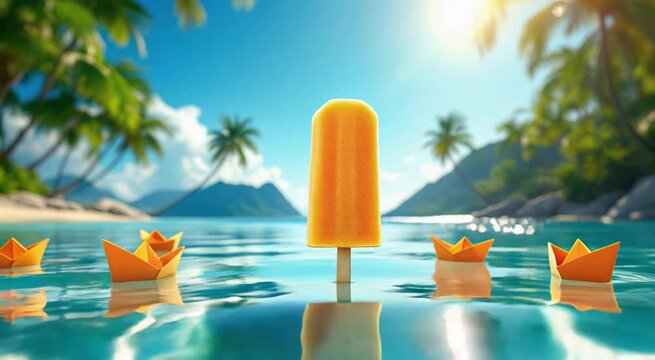 Refreshing orange popsicle with origami boats floating in tropical waters