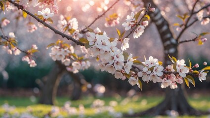 Close-up of cherry blossom branches with selective focus