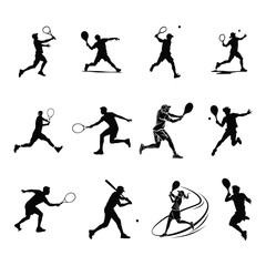 Silhouettes of tennis and baseball players in various actions