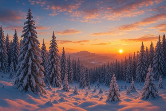 Stunning winter landscape showcasing vibrant hues in a snowy woodland