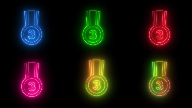 Neon third place medal icon set, glowing bronze award bundle for competition and rankings