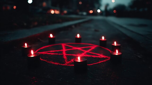 Mysterious pentagram symbol illuminated by candles on dark urban street at night with eerie atmosphere.