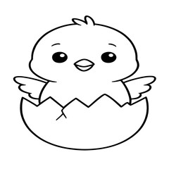Obraz premium A cute baby chick emerges from its eggshell, drawn in a simple black-and-white outline, easy for kids to color.