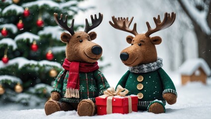 Fototapeta premium Festive holiday decorations featuring bear and moose figurines