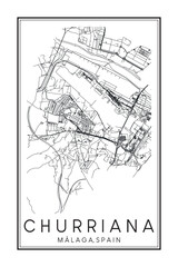 Hand drawn printable downtown road map poster of district CHURRIANA of the Spanish city of MÁLAGA on solid white background with city name