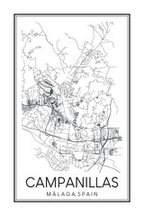 Hand drawn printable downtown road map poster of district CAMPANILLAS of the Spanish city of MÁLAGA on solid white background with city name