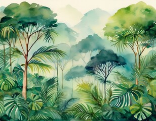 painting of a jungle landscape lush green rainforest with big trees and leaves watercolor pattern wallpaper in vintage retro style abstract art concept