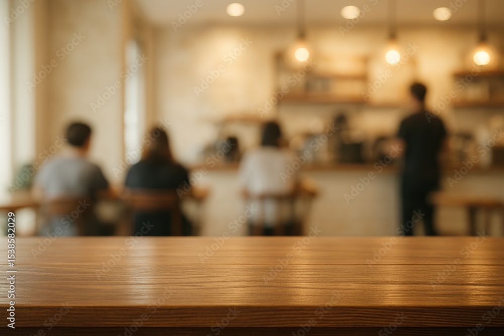 Poster out-of-focus photo of a wooden surface with an abstract cafe setting in the background