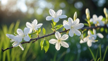 Obraz premium Close-up of water jasmine blossoms with grassy background, highlighting their delicate structure, also called Mexican sword plant, originating from South America.