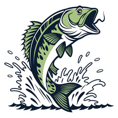 Largemouth Bass Jumping Out of Water Vector Illustration