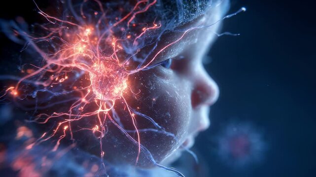 Medical visualization showing hypothalamus activity in an infant experiencing fever, highlighting the connection between the brain and immune response