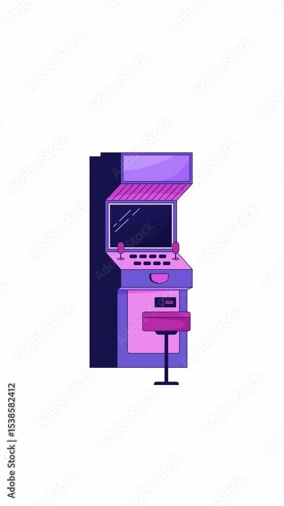 Poster single retro arcade game machine with screen flickering 2d cartoon vertical animation. nostalgic gam