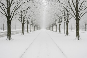 Tree-lined boulevard with snow-covered walkway