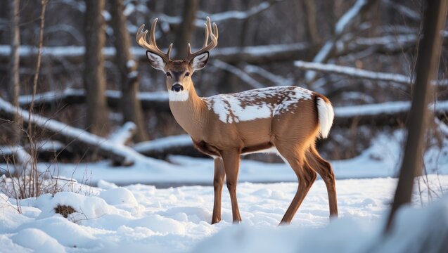 A graceful white-tailed female deer in a snowy forest by the water - Powered by Adobe