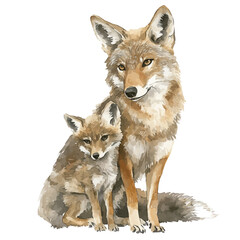 A Mother Coyote With Her Kid, watercolor drawing vector, isolated on a white background.