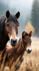 Horses in a serene meadow at dawn with a mother and foal sharing a quiet moment