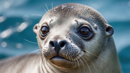 Close-up of a Sea Lion's Face with Focus on a Grey Female in the Marine Habitat