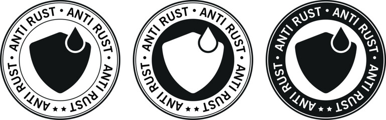 Anti rust protection badges in monochrome circular style with shield icons, symbolizing corrosion resistance	