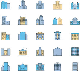Collection of Twenty Five Hand Drawn Building Icons Blue Yellow Architectural Designs Cityscape Illustrations