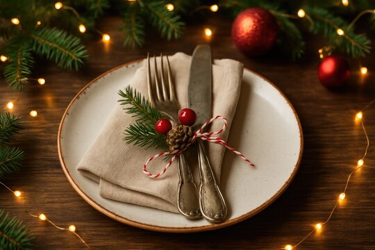 Festive holiday table arrangement featuring antique silverware on a plate with a cloth napkin