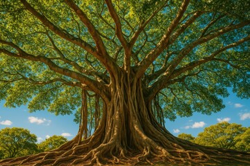 A majestic tree standing tall beneath a clear afternoon sky