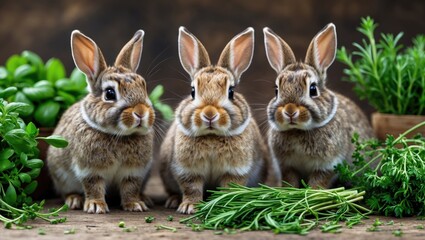 Cute young rabbits surrounded by fragrant herbs