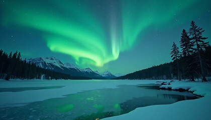 Stunning Aurora Borealis Over a Snowy Landscape with Mountains and Trees
