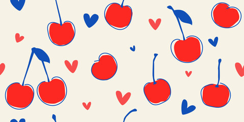 Vector cute seamless cherry blossom pattern in cartoon style. . Trendy summer background with hand-painted cherries and hearts. Modern abstract design for paper, cover, fabric. Cute trendy design