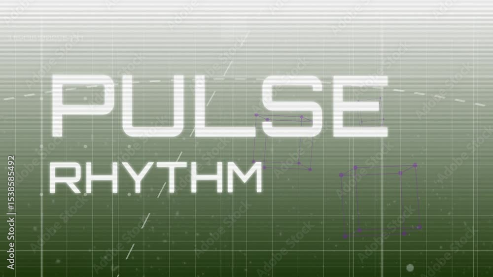 Aufkleber sweeping dashed arc revealing pulse rhythm title on digital grid with pulsing purple nodes