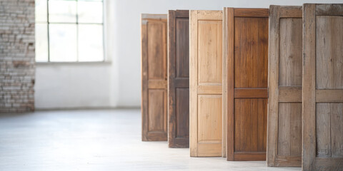 Wooden doors stand upright in a spacious room with a large window.  