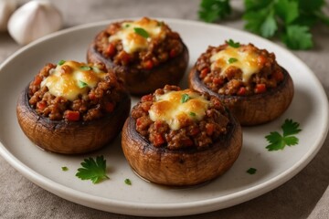 Fototapeta premium Oven-roasted mushroom tops filled with seasoned ground meat, vegetables, and spices