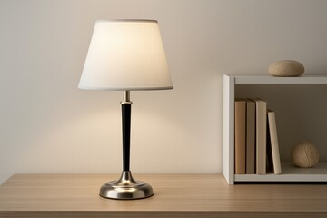 Elegant vintage lamp featuring a white shade and sleek metal base, positioned near a softly lit wall with books and decorative items nearby