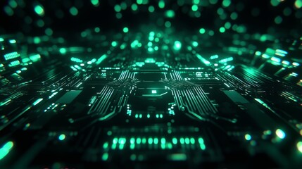 Close-up of green printed circuit board with intricate electronic pathways and microchip components used in modern technology and digital communication systems




