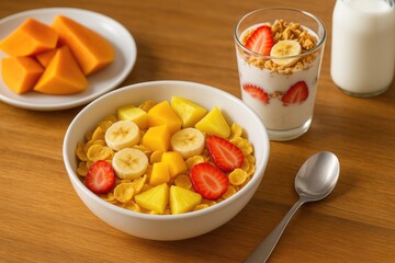 Start your day with a bowl of cereal paired with a granola yogurt drink on a rustic wooden surface