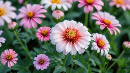 Obraz premium Close-up of a vibrant zinnia flower against a lush green backdrop during summer