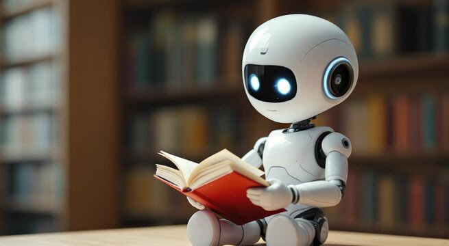 Robotic ai reads book in library depicting artificial intelligence and education - Powered by Adobe
